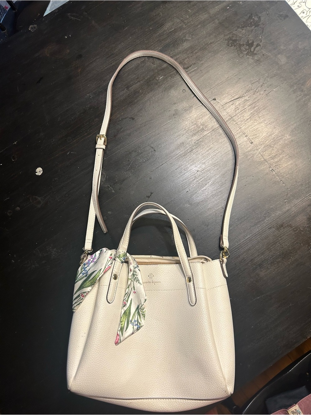 Nanette Lepore Cream Pebbled Shoulder Bag with Floral Scarf Accent